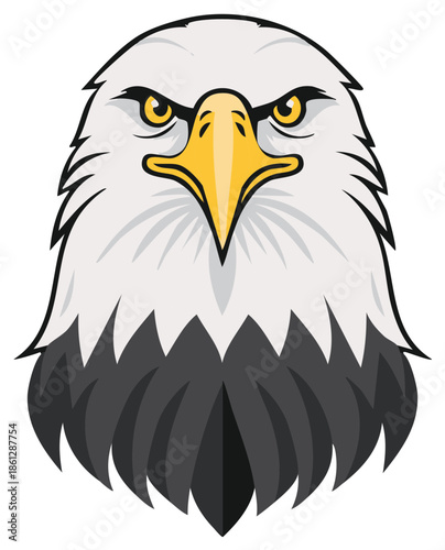 Close-up illustration of a fierce bald eagle head with sharp eyes and a yellow beak