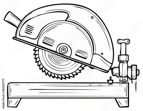 Black and white line art illustration of a miter saw power tool for carpentry and construction