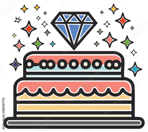 Layered Cake Topped with Diamond Gemstone and Sparkling Stars, Party Celebration Icon