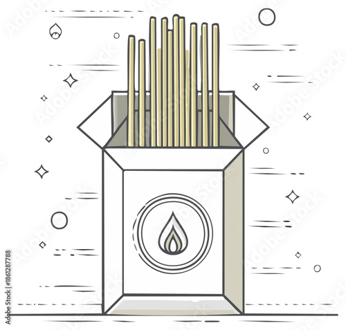 Open Box of Unlit Matches with Flame Symbol in Linear Art Style