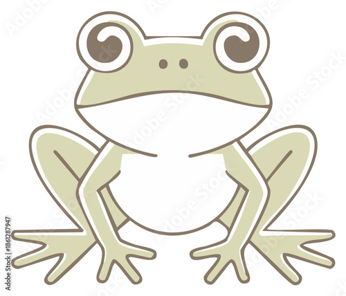 Cute cartoon frog with bulging eyes and long legs sitting facing forward