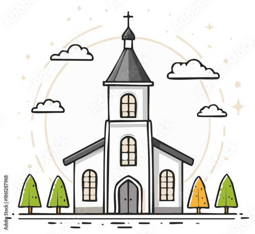 Cartoon church building with steeple cross trees and clouds hand drawn style illustration