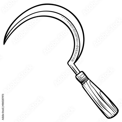 Illustration of a Farming Sickle with Wooden Handle for Harvesting Crops in the Agriculture Field