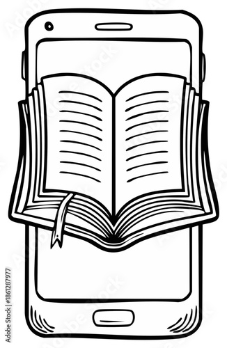 Smartphone displaying an open book illustration. E-learning or digital library concept outlined in black lines for mobile phone.