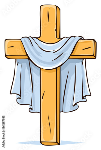 Vibrant cartoon style wooden cross with a flowing blue fabric drape symbolizing resurrection and Christian faith