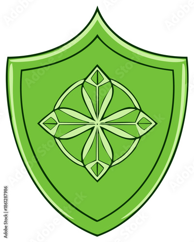 Green Shield with Ornamental Cross Design Heraldic Emblem Protection Symbol Cartoon