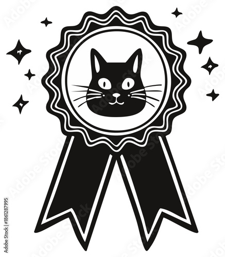 Cat Award Badge Cartoon Illustration Starry Black and White