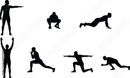 Set of men performing basic bodyweight fitness exercises like squats, lunges, and push-ups for training and workout, black silhouette vectors.