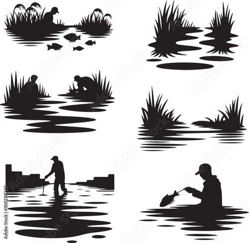 Silhouettes of people fishing and exploring in a natural wetland setting