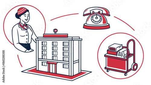 Illustration of a hotel with a concierge, a telephone, and a luggage cart connected by lines