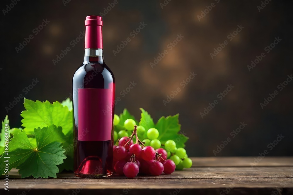 Obraz premium Elegant bottle of red wine resting on a rustic wooden surface, surrounded by lush green vines Perfect for wine labels, websites, or promotional materials , argentina, south africa, australia