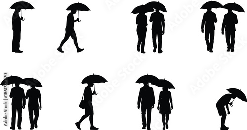 Set of people walking with an umbrella silhouettes, men and women in various poses, protecting themselves from the rain, black vector collection.