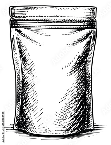 Hand drawn line art illustration of a stand-up pouch depicting an empty blank design for product packaging