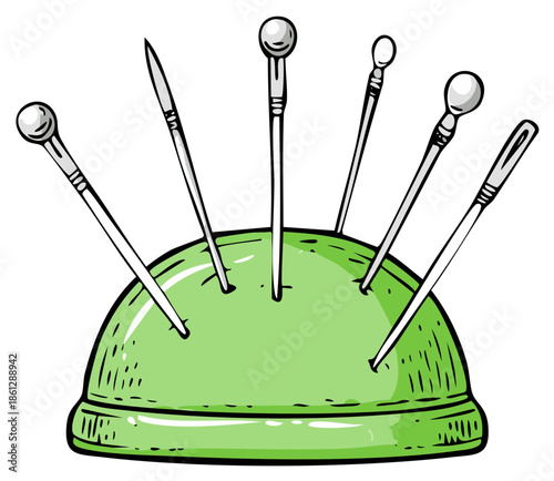 Sewing pins stuck in a green pincushion, hand-drawn illustration