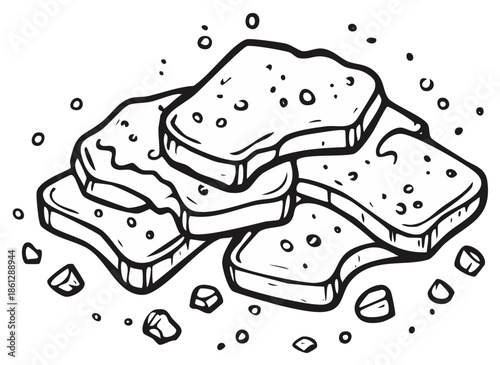 Black and white cartoon illustration of a pile of sliced bread or toast with crumbs