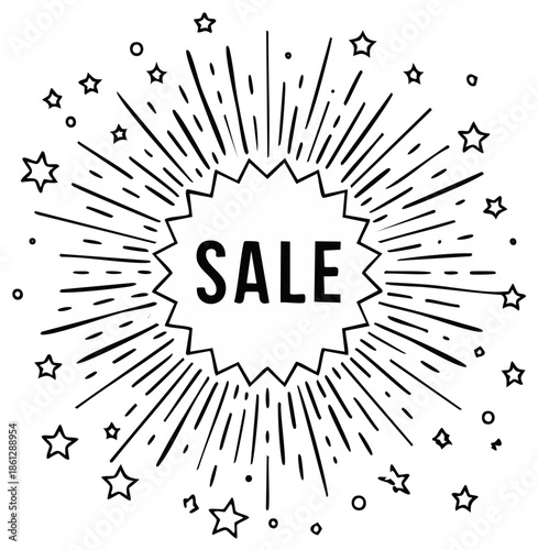 Hand-drawn "SALE" burst with stars and dots, emphasizing a festive promotional announcement