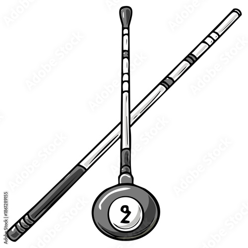 Cartoon illustration of a billiard cue and a cue ball featuring the number 2.