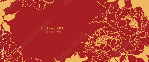 Luxury red Chinese floral background with hand drawn golden peonies. Vector design template for card, wall poster, business card, flyer, banner, wedding invitation, cover