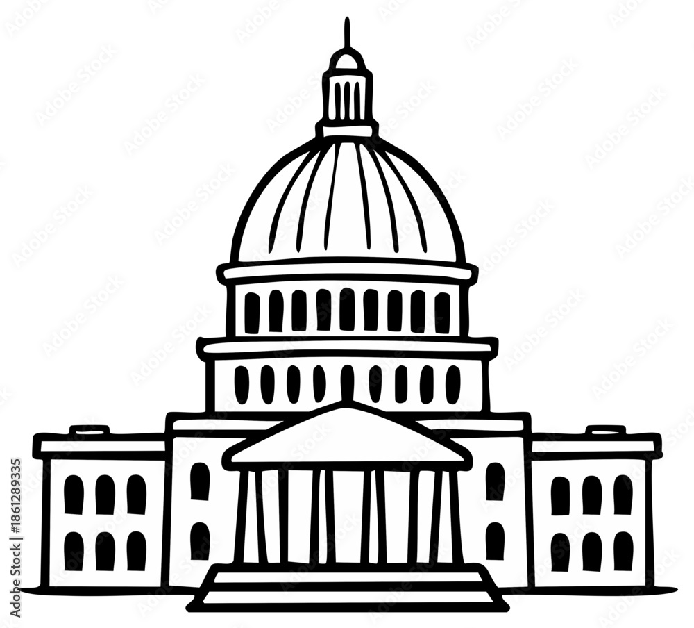 Obraz premium Prominent Domed Structure Representing Government Authority and Justice Line Drawing