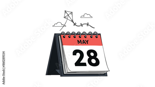 A minimalist graphic of a calendar page showing May 28 with an illustrative kite flying among clouds.