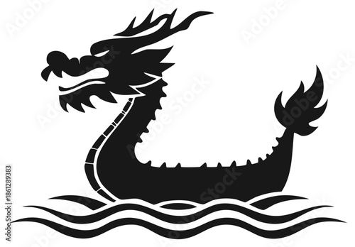 Stylized Dragon Boat Vector Silhouette on Water for Asian or Chinese Cultural Designs
