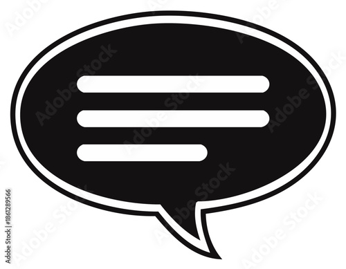 Black speech bubble communication icon with simple lines and white trim isolated symbol