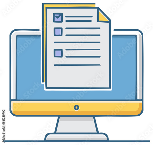Cartoon illustration of an online survey form with a checklist on a computer monitor