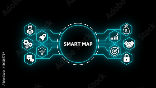 Futuristic glowing neon SMART MAP  interface on dark background. Digital  style business roadmap visualization with technology icons, target, growth chart, finance, security and strategy elements. 