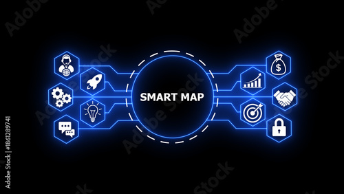 Futuristic glowing neon SMART MAP  interface on dark background. Digital  style business roadmap visualization with technology icons, target, growth chart, finance, security and strategy elements. 