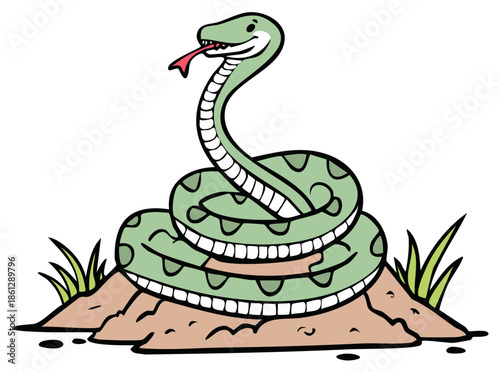 Cartoon green snake coiled on ground, red tongue out, animal illustration