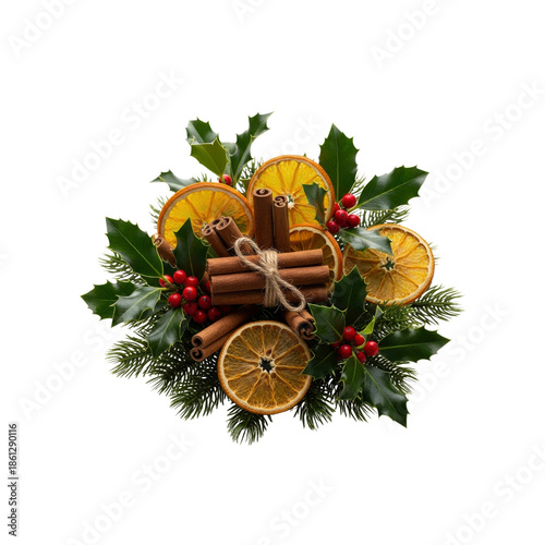 Christmas arrangement with dried oranges cinnamon sticks