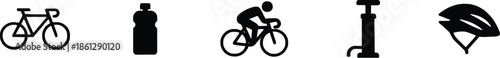 Bicycle Icons Set in Black Silhouette for Cycling Bike Ride Water Bottle Pump and Helmet Vector Isolated Elements for Sport Recreation and Healthy Lifestyle