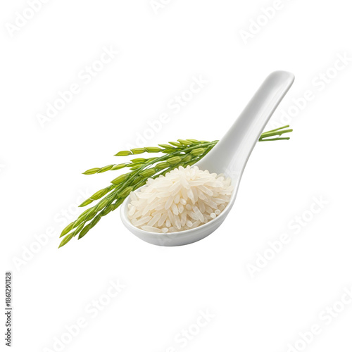 Rice grains in white spoon with rice flower