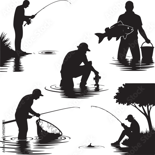 Silhouettes of people engaged in various fishing activities by the water