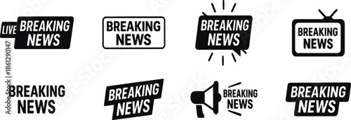 Breaking News Titles Vector Illustration Set Of Various Design Elements For Urgent Information Broadcast In Different Styles With Megaphone And Tv Isolated