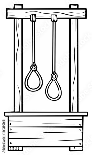 Cartoon illustration of wooden gallows with two nooses hanging down, a symbol of death and punishment