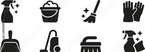 Cleaning Tools Icons Vector Illustration Set Featuring Variety Of Equipment For Housekeeping And Sanitation Isolated On Transparent Background For Commercial Use