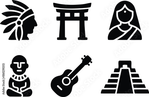 Cultural icons vector set featuring diverse heritage symbols of indigenous people traditions art and architecture landmarks reflecting human history