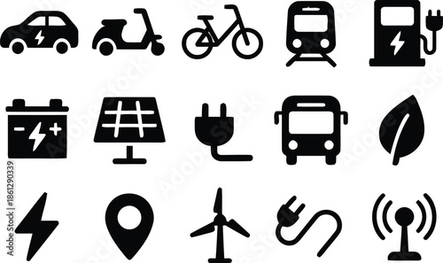Eco Friendly Transport and Energy Icons Set Vector Illustration in Flat Style with Electric Car Scooter Bicycle Bus Charging Station Solar Panel Windmill Battery Plug Leaf