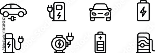 Electric Vehicle Icons Set Car Charging Station Charger Battery Plugin Power Energy Green Environment Technology Automobile Transport Sustainable Future Innovation
