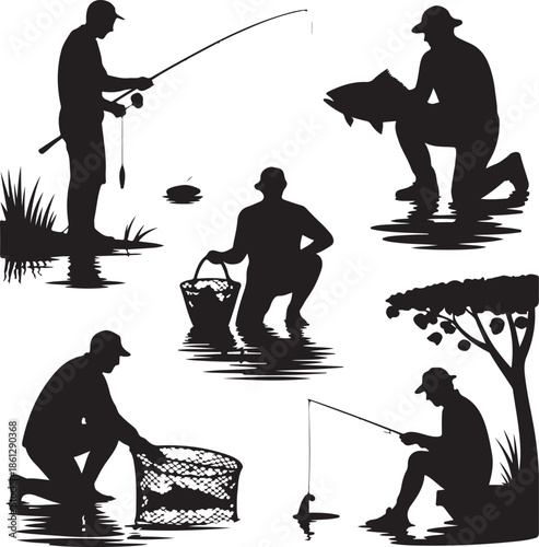 Silhouettes of people engaged in various fishing activities by the water
