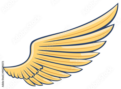 Stylized cartoon golden wing of an angel or mythical bird isolated graphic element