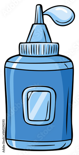 Blue liquid dispenser bottle with a drop of liquid coming out