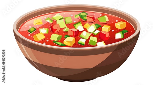 A bowl of fresh gazpacho soup with diced vegetables
