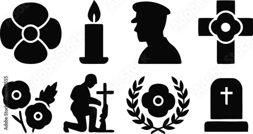 Remembrance day monochrome icons set silhouette signs of flower candle military man cross and tombstone symbols of war memorial anniversary respect for veterans