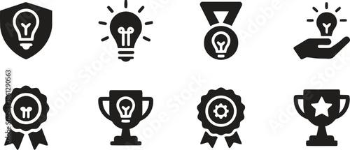 Set of Black Idea Innovation Icons Featuring Lightbulb Shield Lightbulb Medal Cup and Ribbon Showcasing Creativity Achievement and Success on Isolated Backdrop Vector