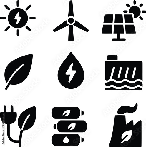 Set of Renewable Energy Source Icons Featuring Sustainable Power Generation on Transparent Background in Silhouette Style Vector Illustration