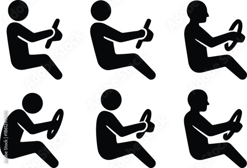 Set of six black silhouette icons showing people demonstrating correct and incorrect driving seating positions for safety and ergonomic purposes