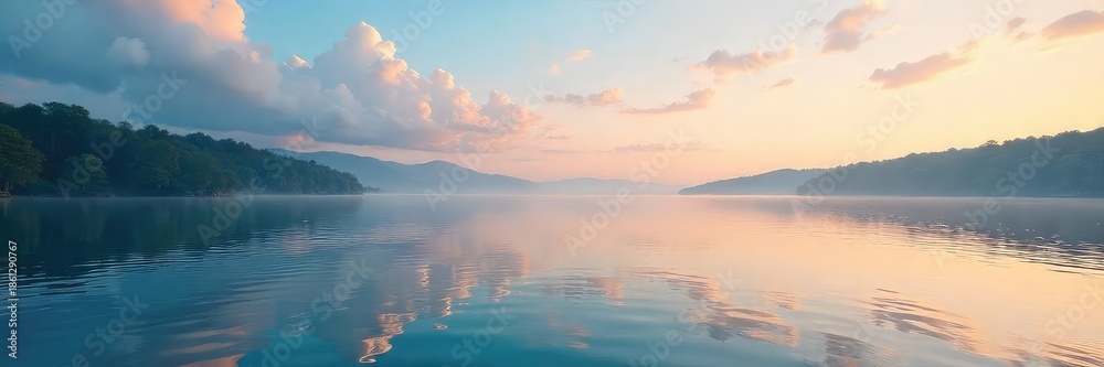 Fototapeta premium Serene lakeside scene with calm water reflecting a tranquil sky, perfect for relaxation and unwinding Ideal for spa, travel, or wellness imagery , shore, outdoor