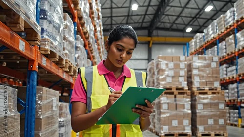 Warehouse worker checking inventory on shelves with clipboard and pen